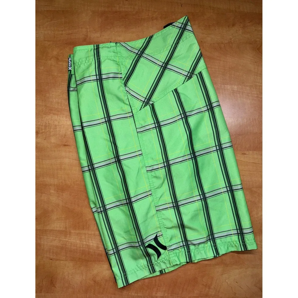 Hurley Mens Board Shorts Lime Green Plaid Swim Trunks Cargo Pocket Size 36